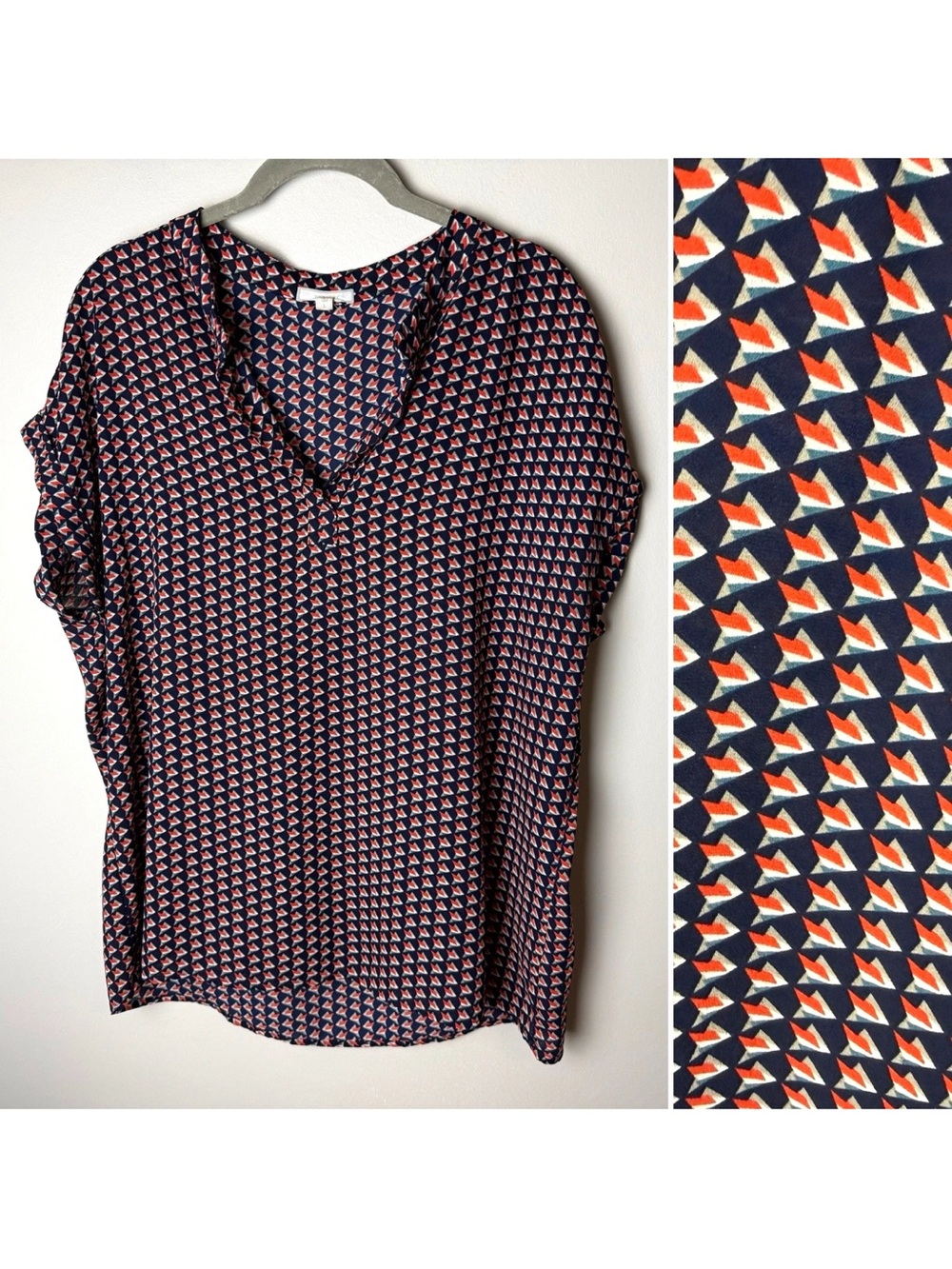 Pleione Blouse Size Large Top Made in USA Short Cuffed Sleeves Navy Blue Red